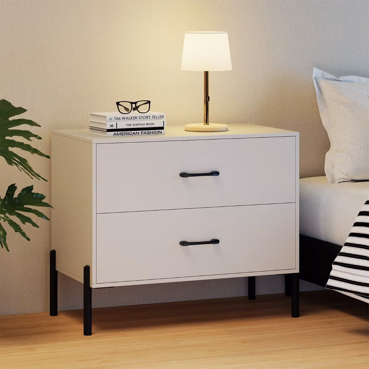 Costway Cassettiera Moderna con 2 Cassetti e Maniglie in Metallo, Colore Bianco