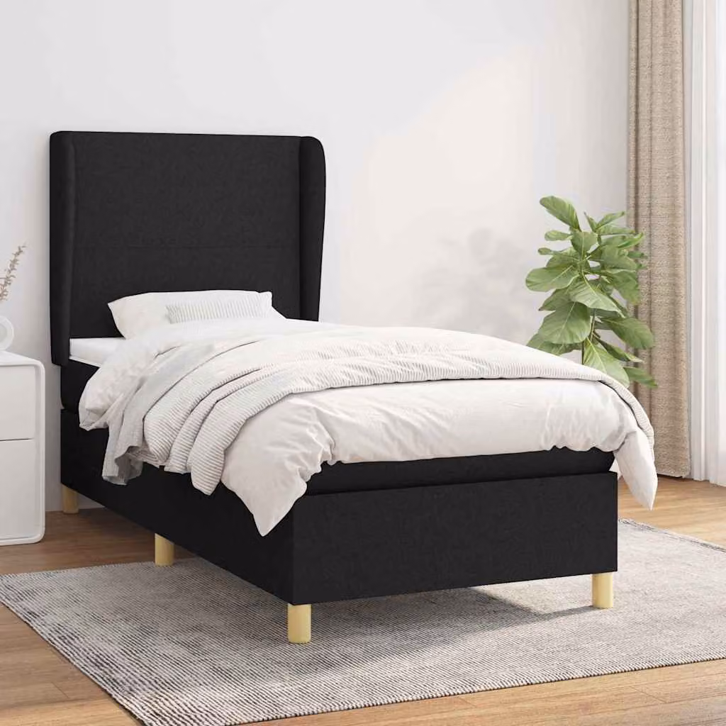 vidaXL Giroletto a Molle Ibrido con Materasso in Tessuto Nero e Bianco L/P/H: 90 x 200 x 128 cm – 1