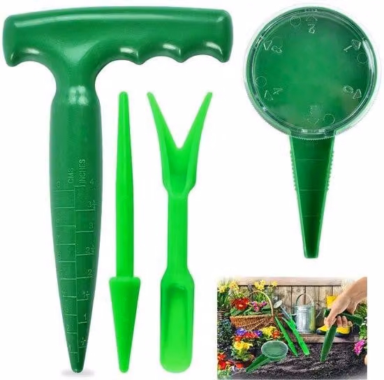 Ibenzoa®: set da 4 pezzi per la semina e il trapianto, realizzato in plastica di alta qualità. Include: un perforatore, un seminatore e 2 strumenti per il trapianto, dotati di manico a T e scala di misurazione, ideali per cipolle e verdure