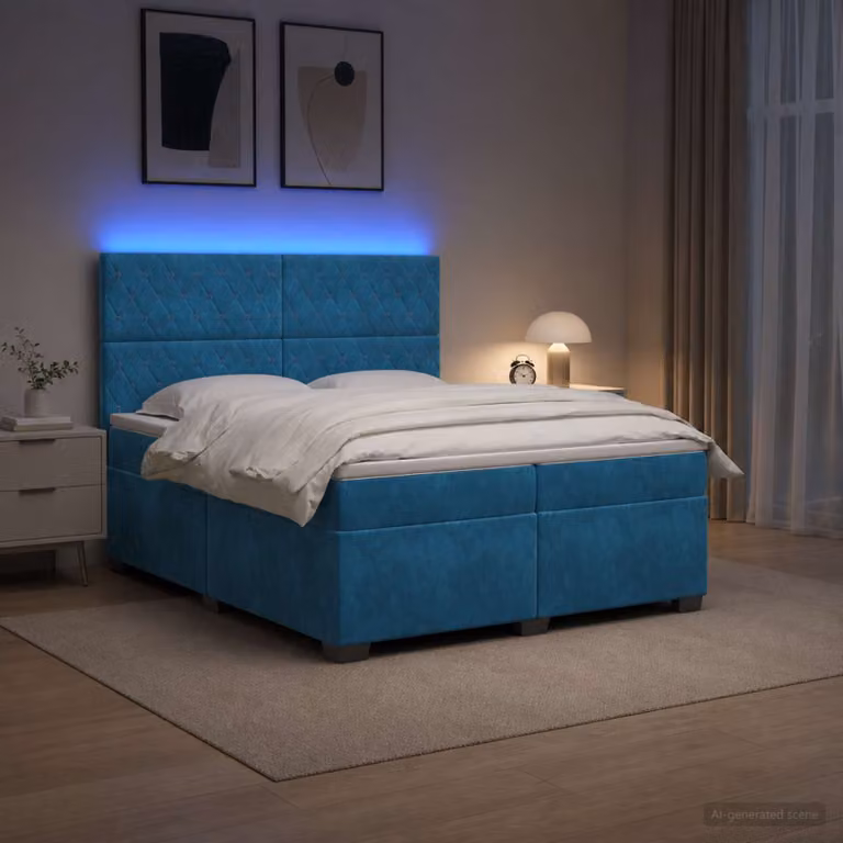 Letto box spring vidaXL con materasso ibrido in velluto blu, con illuminazione sottostante e porta USB, L/P: 200 x 200 cm