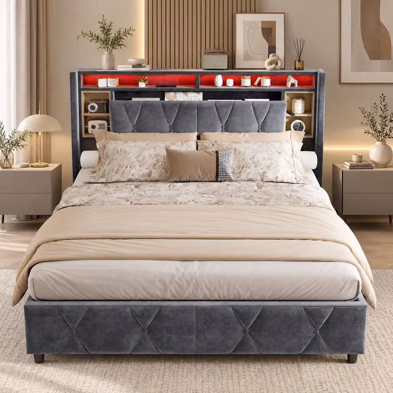 Letto imbottito INONEFT 140x200 cm con LED e USB, letto con sistema di sollevamento idraulico e spazio contenitore, letto matrimoniale per ragazzi con testiera imbottita e spazio contenitore, in velluto, colore grigio