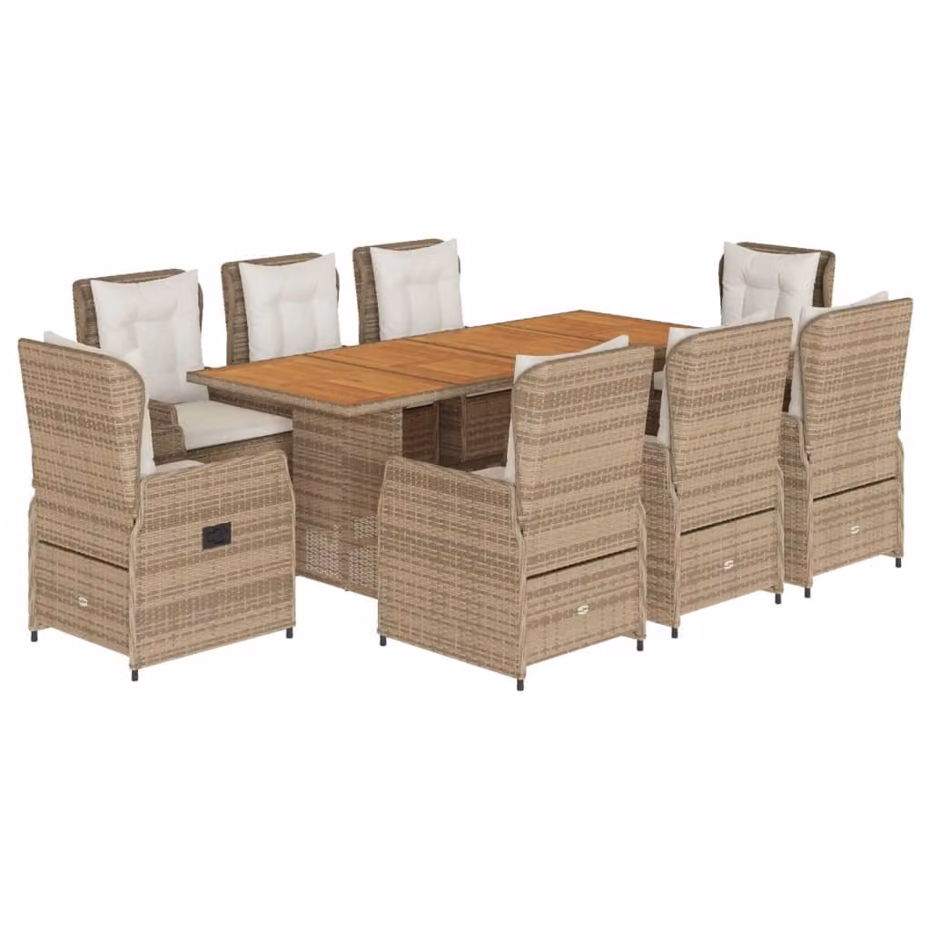 Set da Pranzo da Giardino 9 pz con Cuscini Beige in Polyrattan