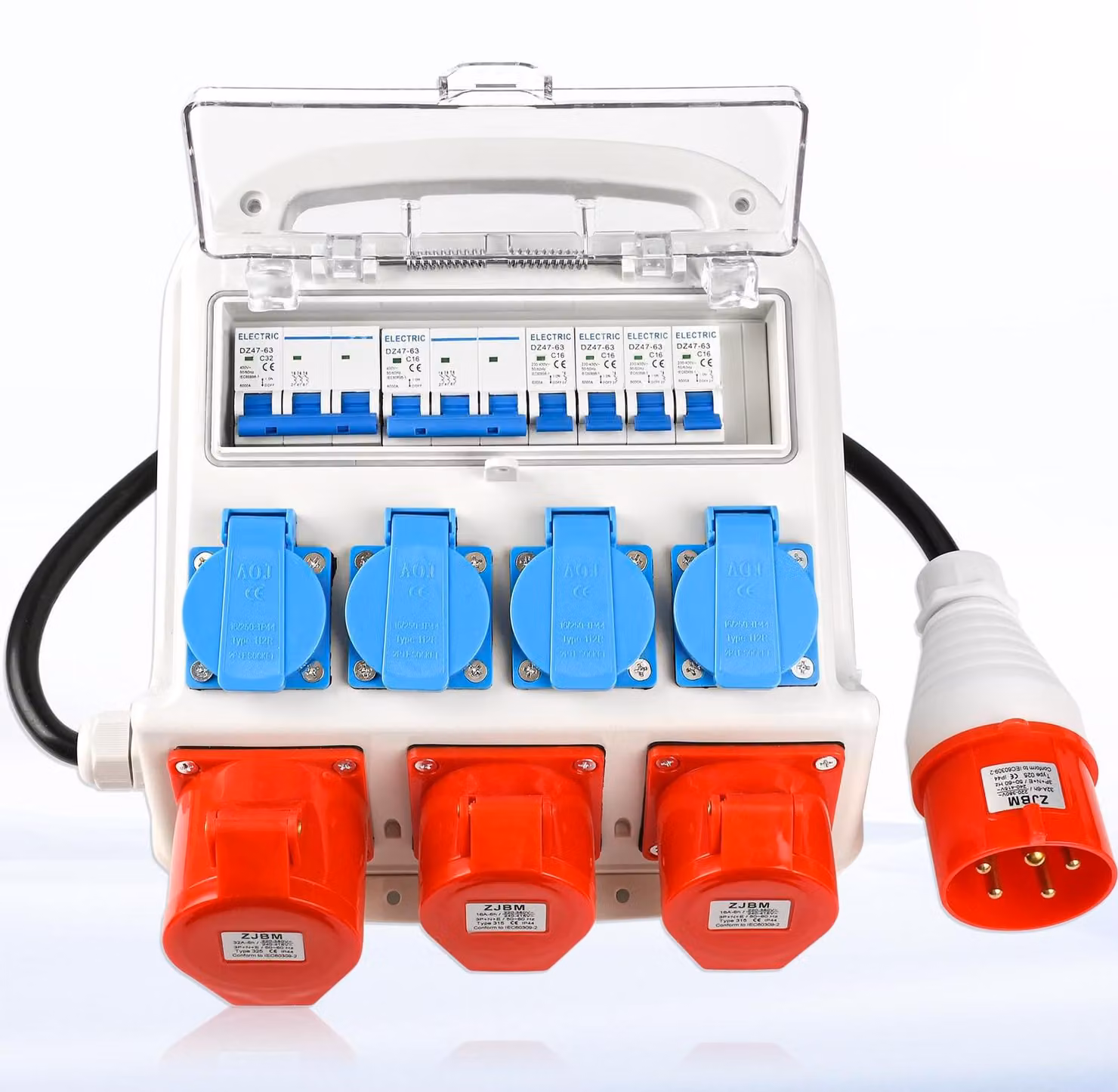 Distributore di corrente da cantiere con 4 prese Schuko da 230V e 2 prese CEE da 16A, grado di protezione IP67, resistente all'acqua