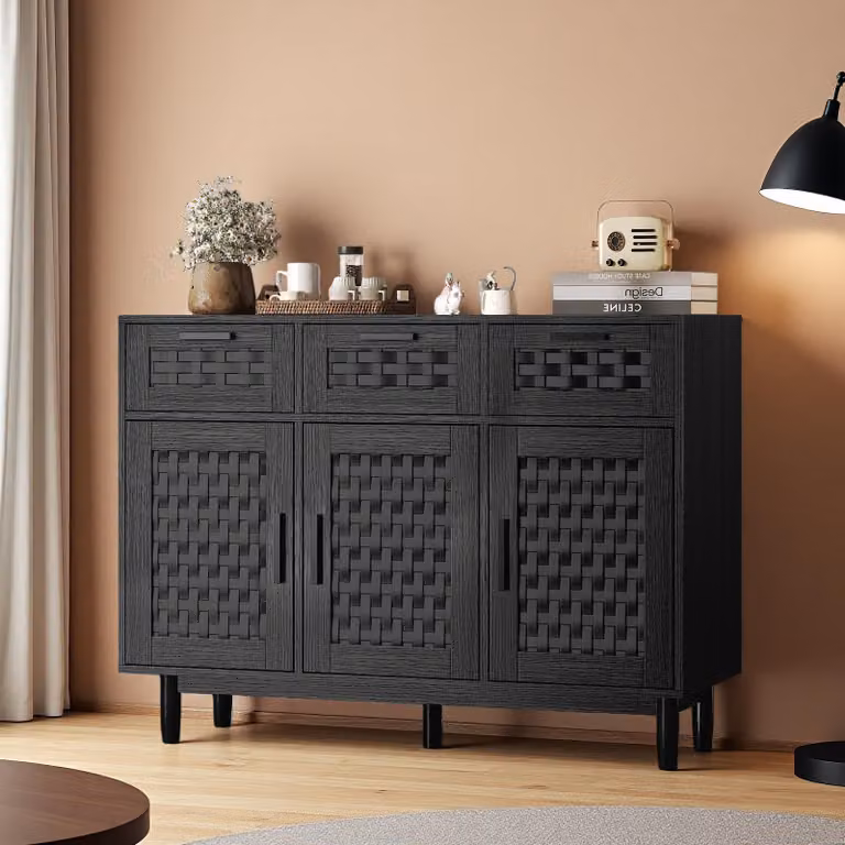 Credenza ProximaX nera con effetto rattan, 3 cassetti e 3 ante, mobile in legno con dispositivo antiribaltamento, 107,9 x 40 x 80 cm, per soggiorno e cucina
