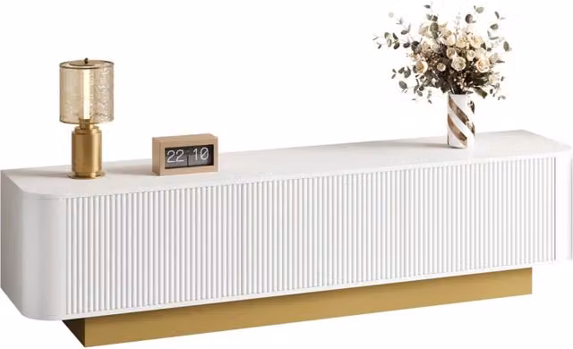Mobile TV 170 cm moderno con vano portaoggetti, design arrotondato, gestione cavi e frontale strutturato, consolle multimediale per soggiorno