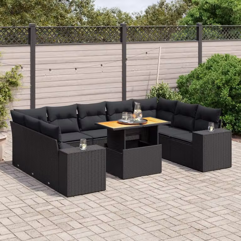 vidaXL Set Divani da Giardino a L 10 Pezzi con Cuscini e Tavolino da Caffè in Polyrattan e Metallo Nero