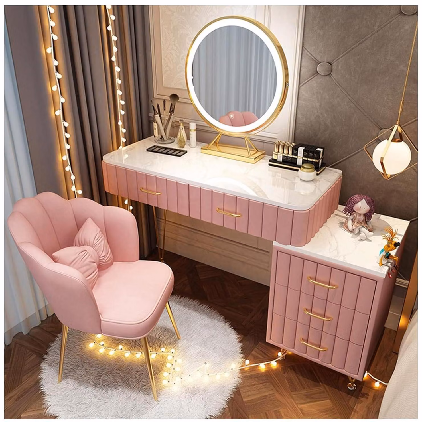 Comò da trucco con specchio e 5 cassetti, color rosa, 100 cm