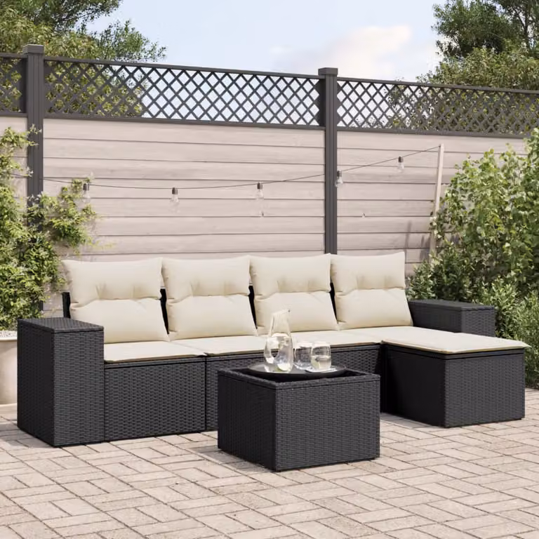 Set Divano da Giardino a L vidaXL 6 pz con Cuscini Nero e Tavolino in Vetro