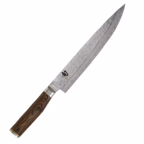 KAI Shun Premier Tim Mälzer coltello da prosciutto giapponese 24 cm lunghezza lama - nucleo VG-MAX 61 HRC, 32 strati di damasco lucidato a specchio - legno Pakka marrone medio - superficie martellata