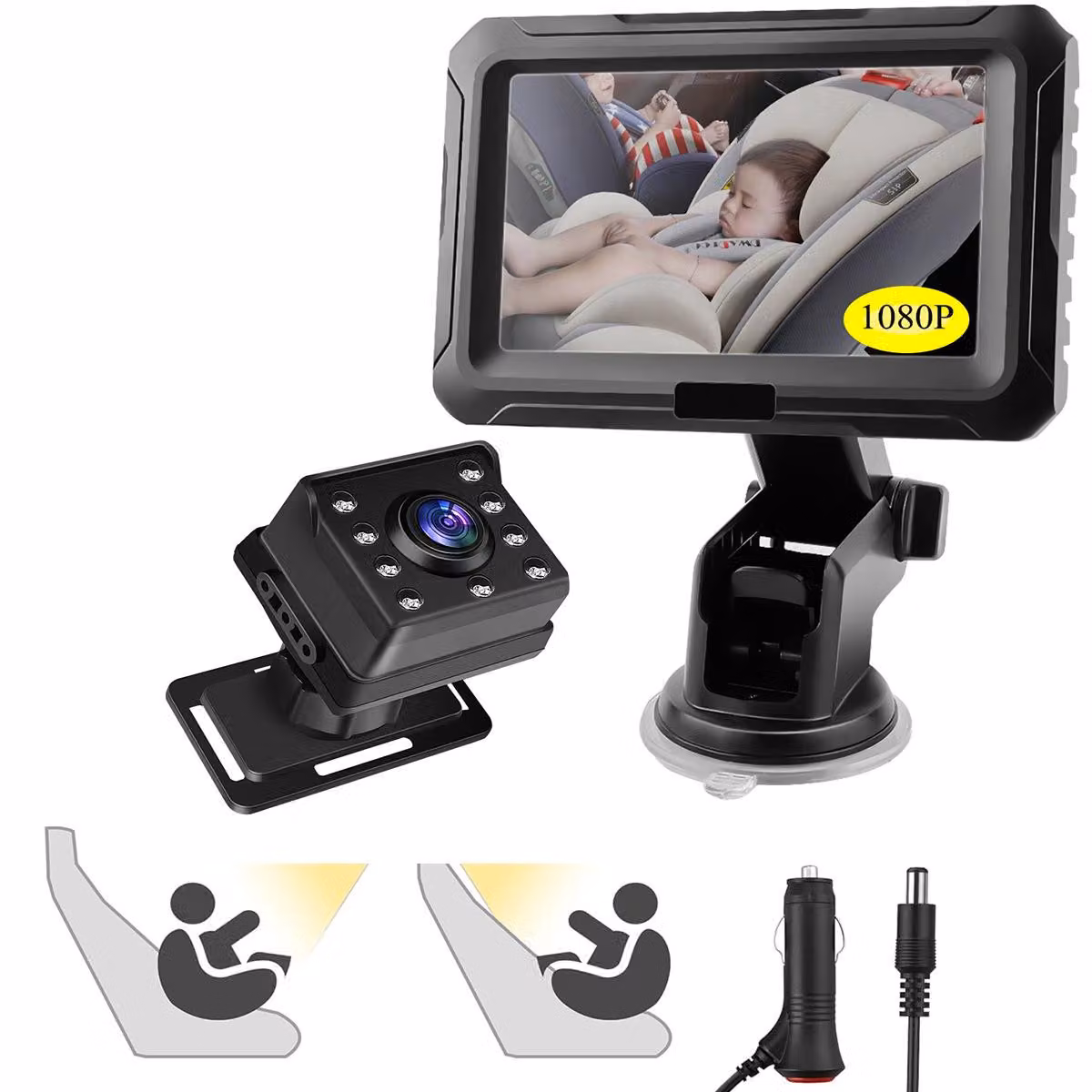 ZELURXX, telecamera da retro da 4,3 pollici con monitor, risoluzione 1080P, angolo di visione ampio di 150°, visione notturna a infrarossi, grado di protezione IP68, alimentatore per auto