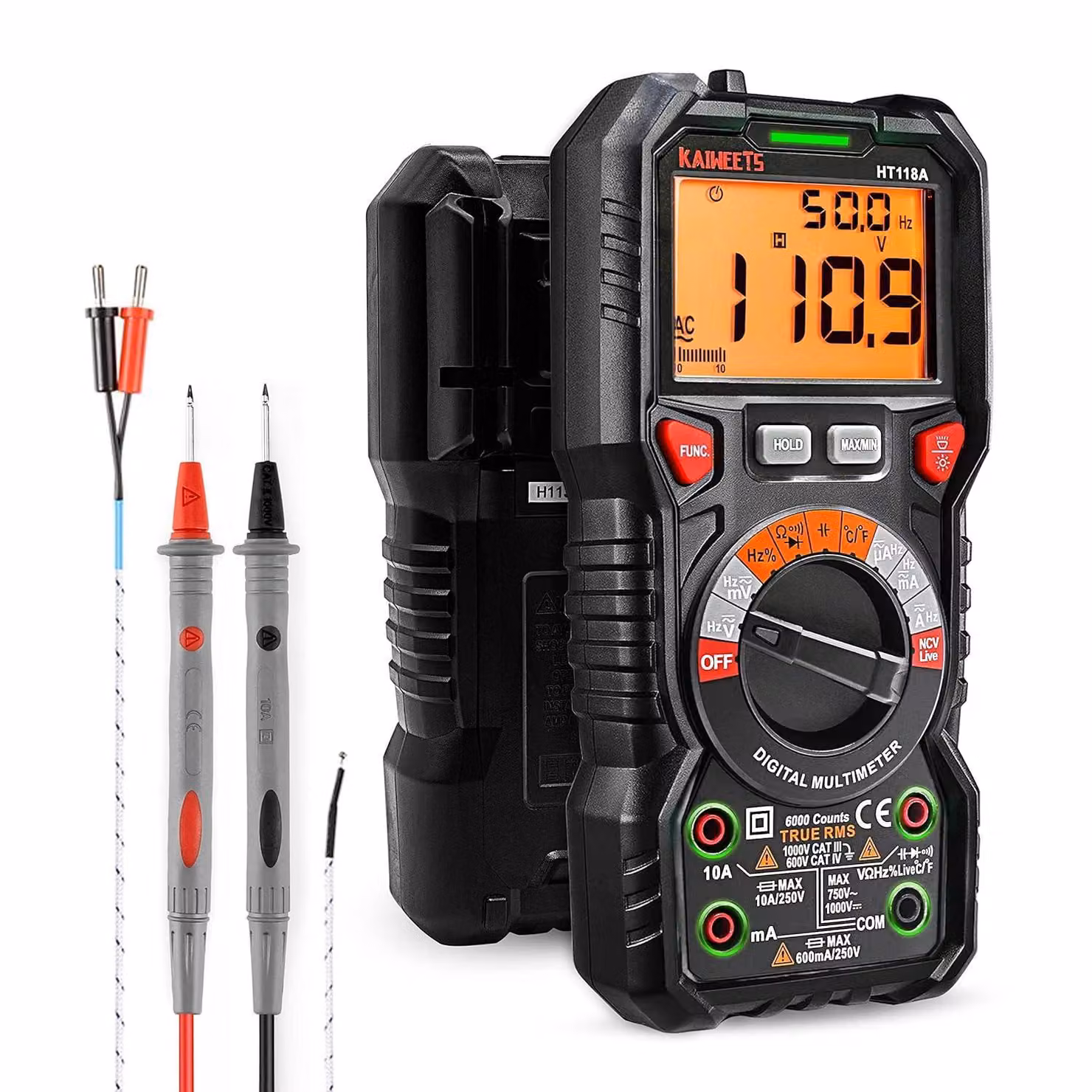 KAIWEETS Multimetro digitale HT118A - True RMS, Auto-Ranging, 6000 conteggi, con prese LED e misurazione della temperatura
