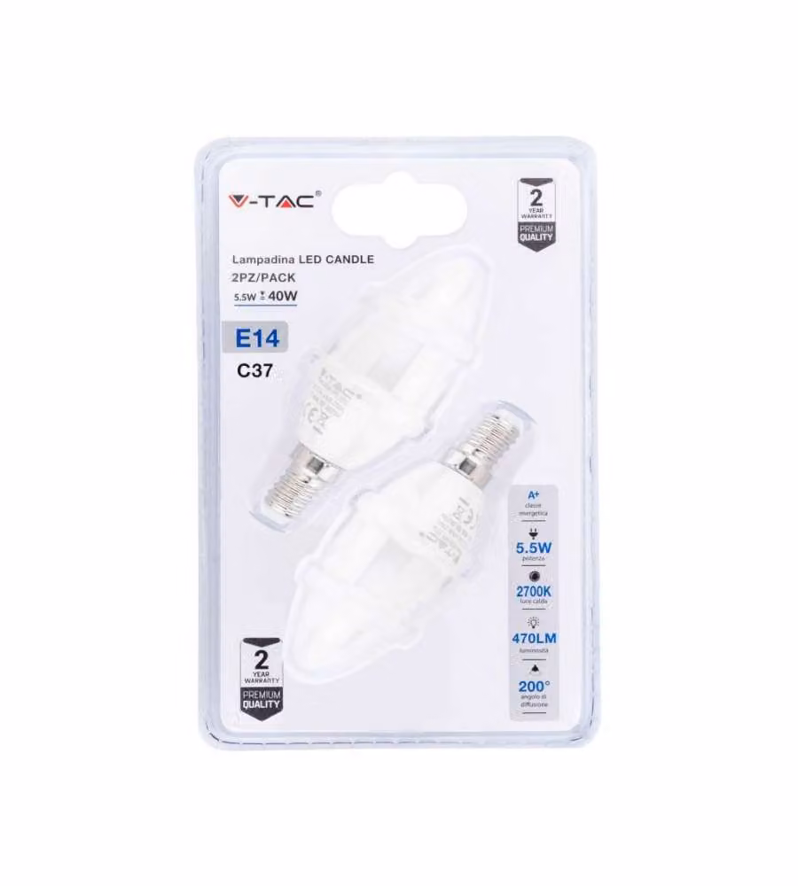 Lampadina LED E14 5,5W Candela 2700K (Blister 2 pezzi)