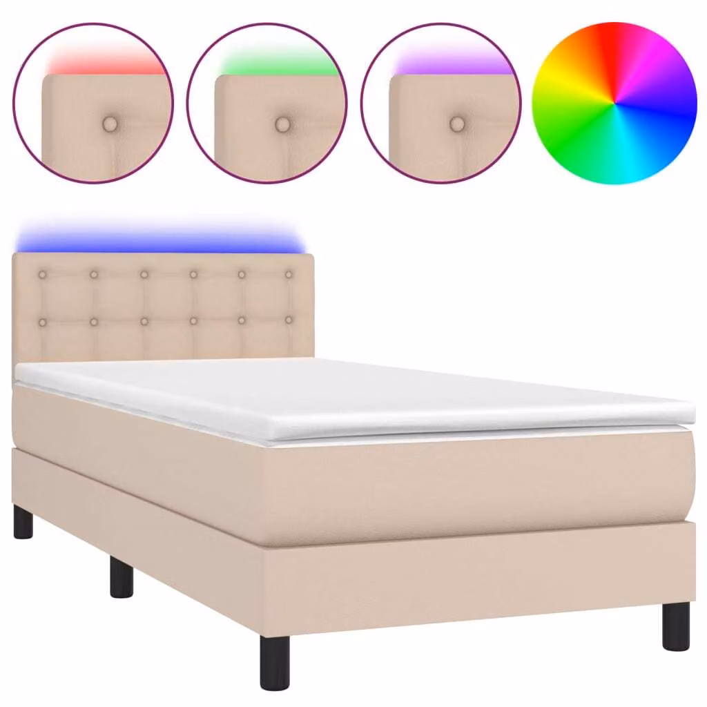 Giroletto Molle Materasso e LED Cappuccino 90x200 cm Pelle finta