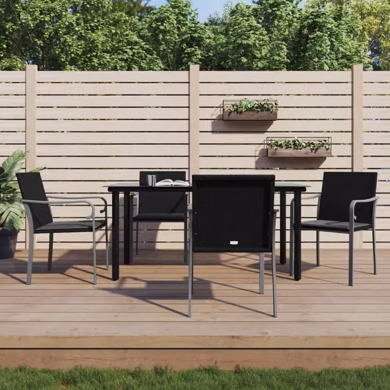 Set da pranzo da giardino vidaXL in polyrattan e vetro con 5 pezzi, nero e grigio