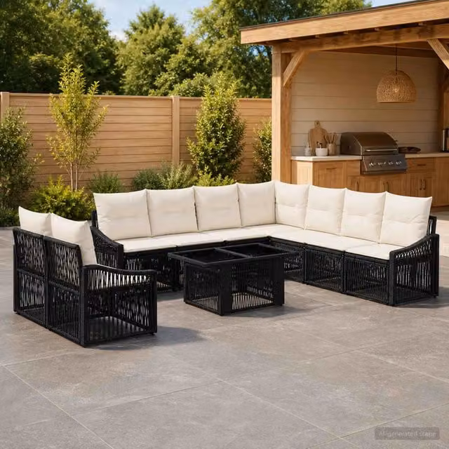 Set Divano da Giardino 10 pz Nero e Bianco Crema polyrattan 3437269