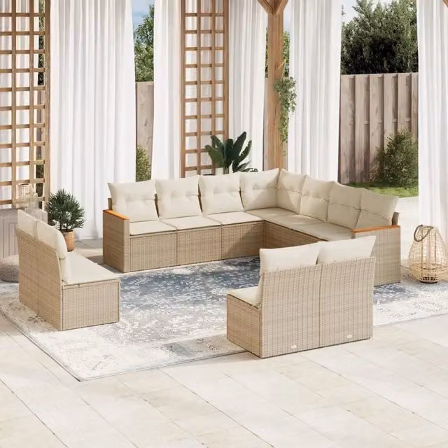 Set di Divani da Giardino a Forma di L vidaXL in Polyrattan con Cuscini Beige e Struttura in Acciaio, 11 Pezzi – 1
