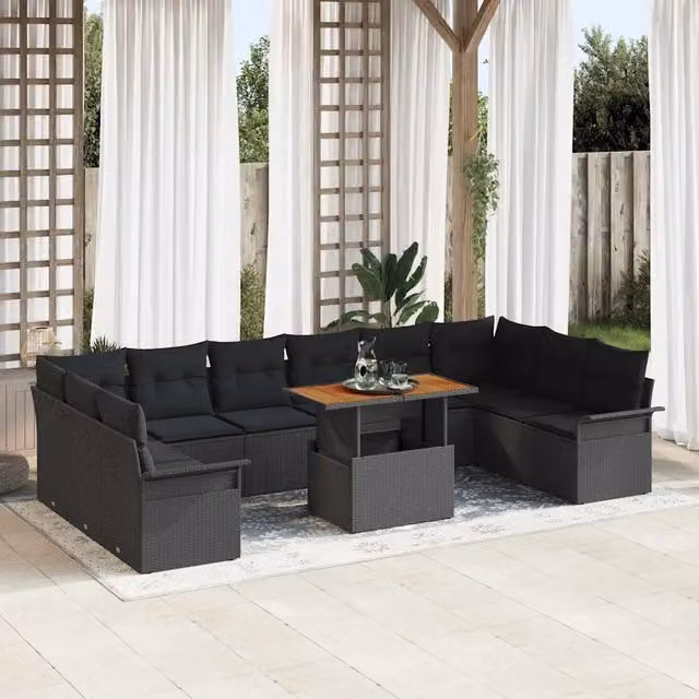Set Divano da Giardino Moderno vidaXL in Polyrattan Nero con Cuscini e Tavolino da Esterno a Forma di U – 1