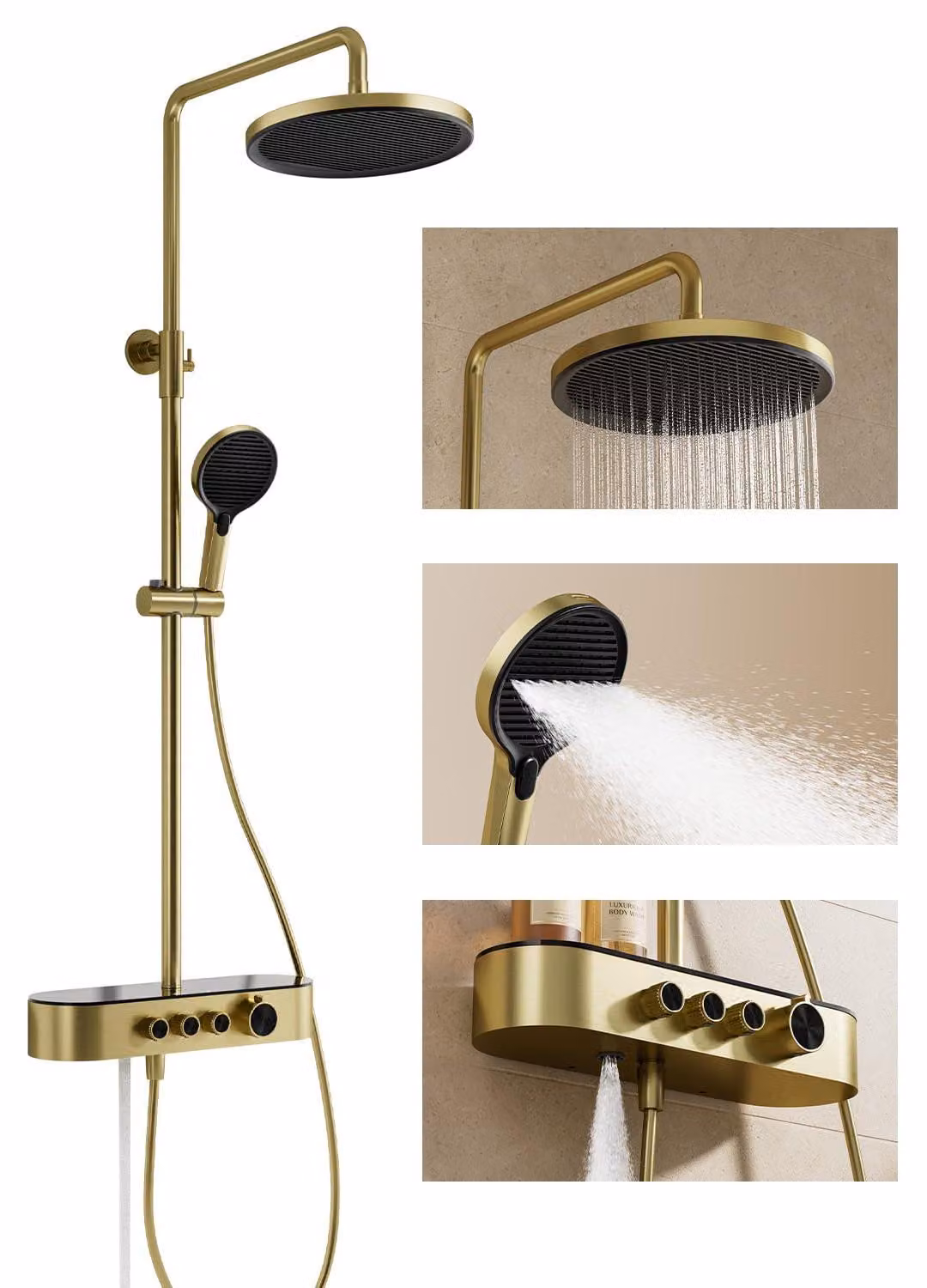 Colonna doccia 3-in-1, 28 cm, finitura oro spazzolato, ottone