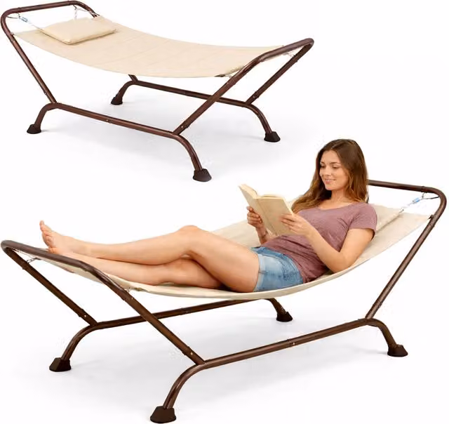 Amaca da giardino autoportante GIORDANOSHOP con cuscini in tessuto beige e struttura in metallo H: 230 cm, L: 98 cm, P: 82 cm