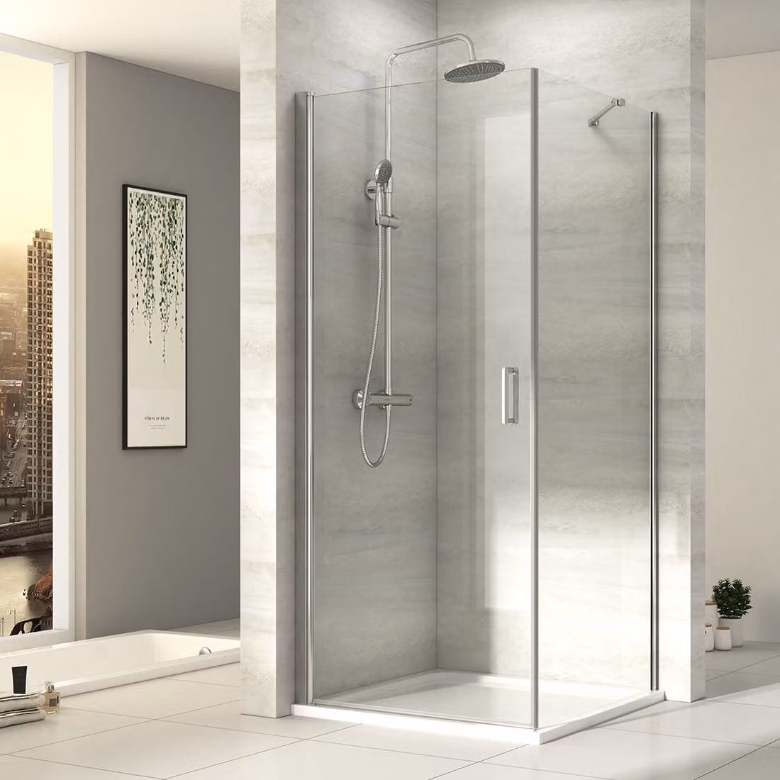 Cabina doccia EMKE con ingresso angolare 80 x 80 x 195 cm – con porta apribile verso l'esterno, vetro di sicurezza ESG con rivestimento nano, parete laterale inclusa