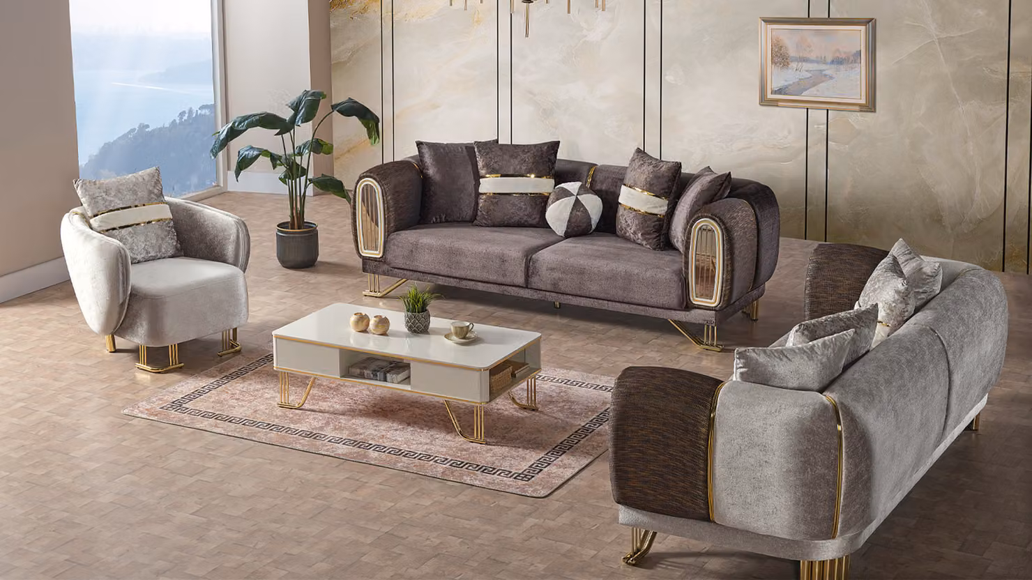 Sofagarnitur 3+3+1 Sitzer Wohnzimmer Set Komplett Textil Sofa Sessel Holz