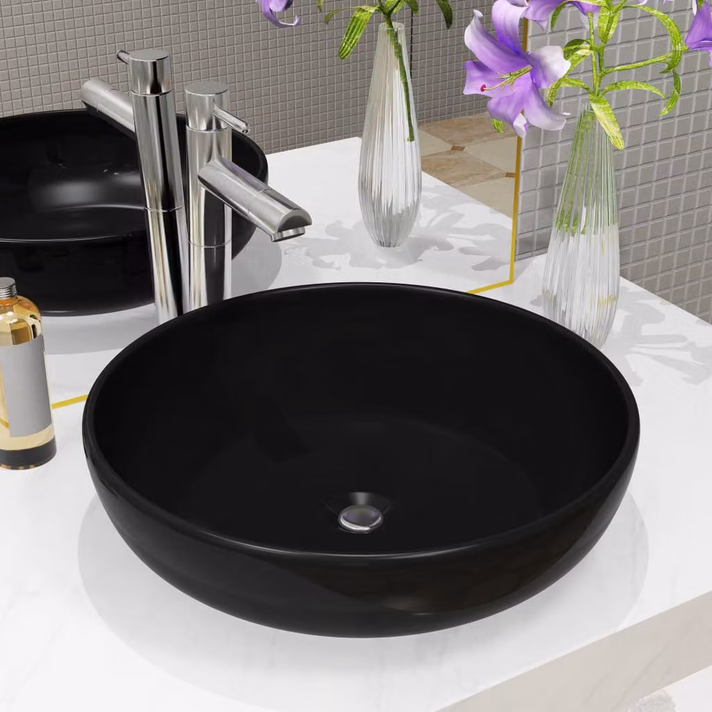 Lavandino tondo da appoggio in ceramica vidaXL, Nero, Diametro: 42 cm, Altezza: 12 cm