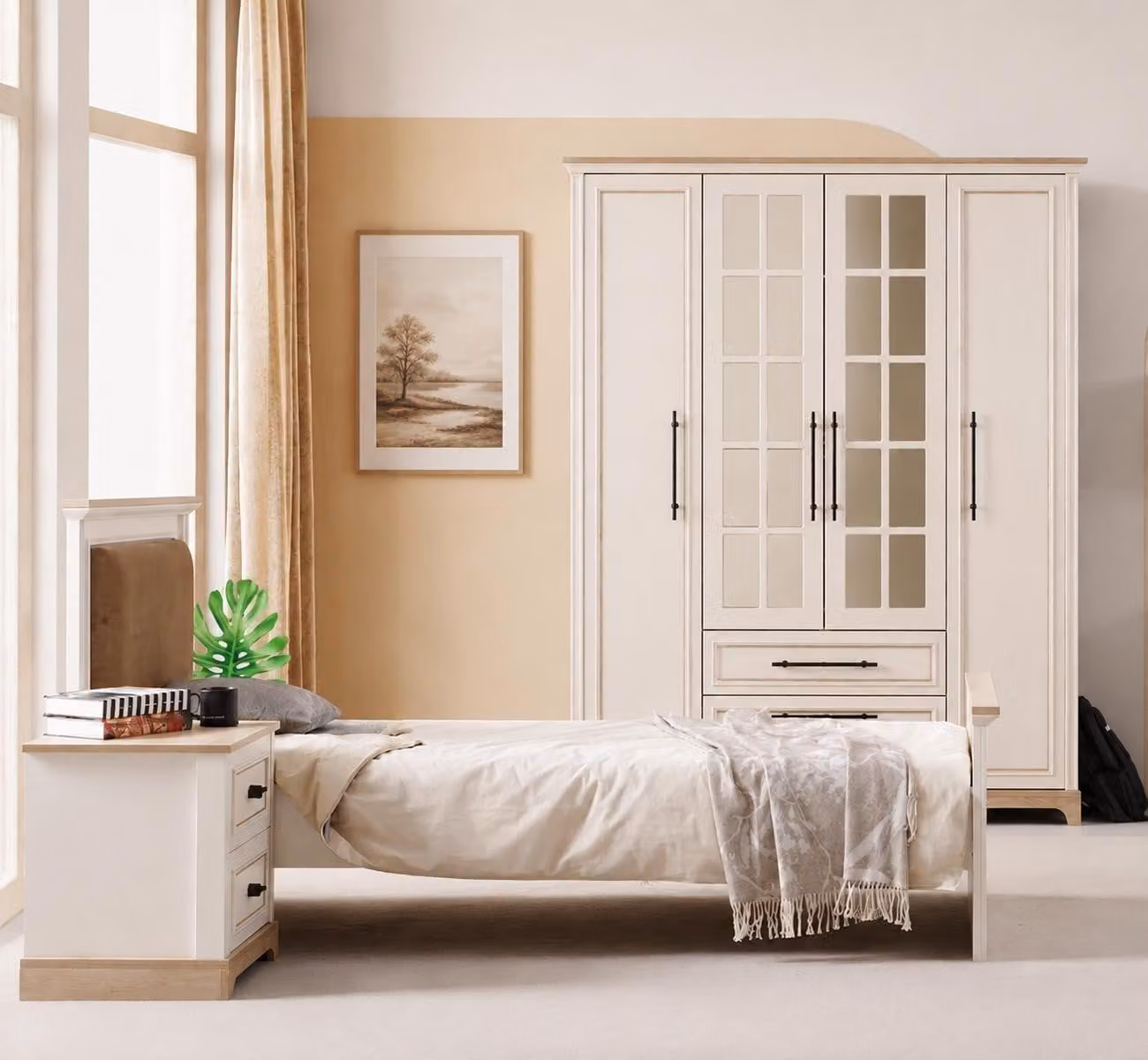 Letto singolo, struttura in legno, colore beige, design moderno, ideale per una camera da letto per adolescenti