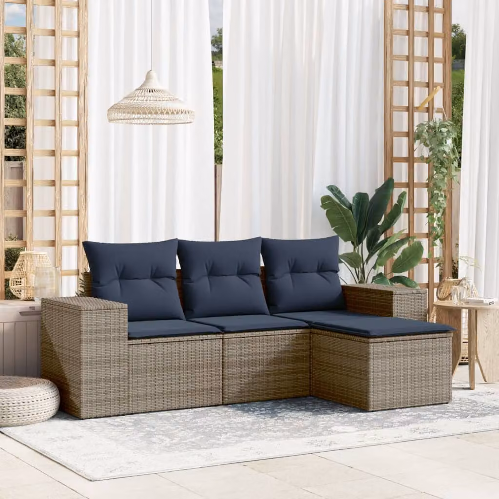 Set di divani da giardino vidaXL in polyrattan grigio con cuscini, componibile a L per 4 persone