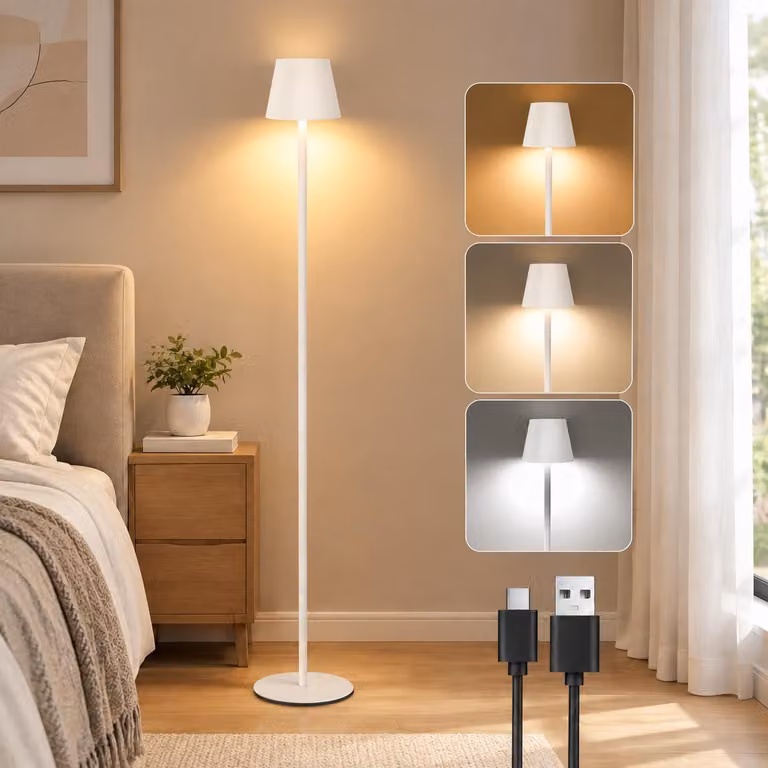 Lampada da terra LED per soggiorno, lampada adatta per camera da letto, studio, ufficio, bianca, con batteria, ricaricabile tramite USB, dimmerabile, altezza 125 cm, design moderno