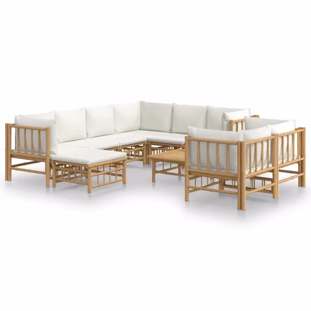 Set Salotto da Giardino vidaXL in Bambu con 10 Pezzi, Divano Angolare, Tavolino e Pouf, Colore Bianco e Beige – 2