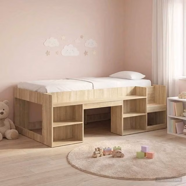 Letto singolo rialzato per bambini vidaXL con ripostiglio laterale in legno color rovere e marrone, L/P/H: 200 x 120 x 127 cm