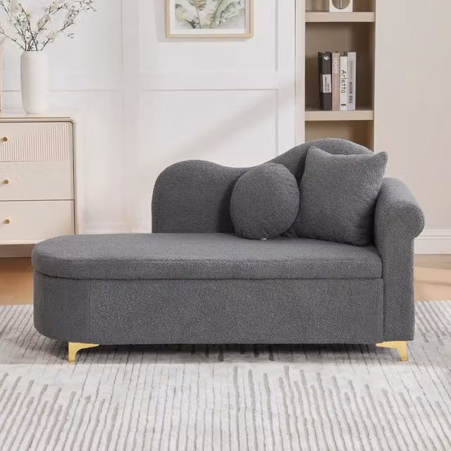 Chaise longue 134x64x70 cm con vano contenitore in tessuto effetto montone grigio antico