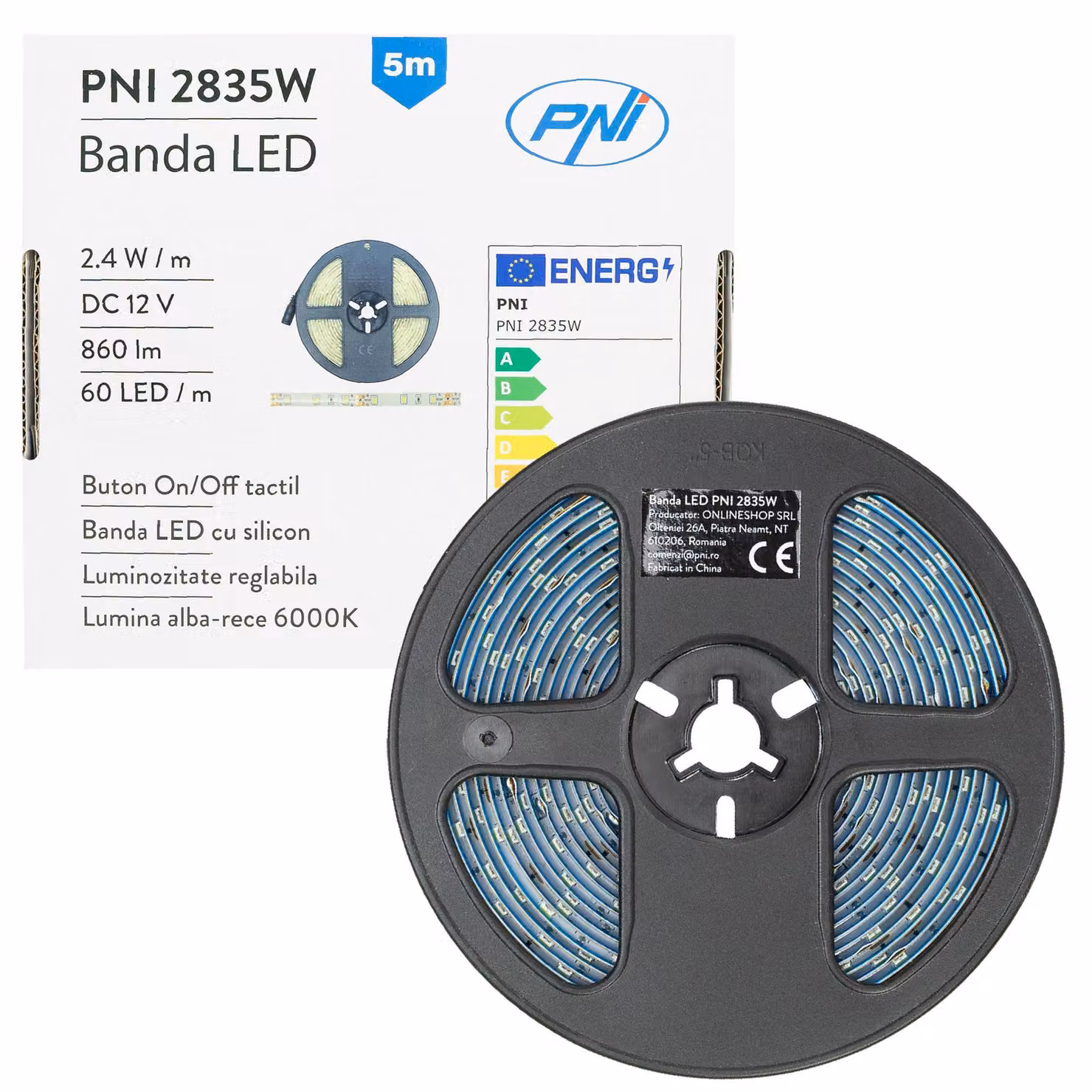 Striscia LED PNI 2835, 300 LED, luce bianca fredda 6000 K, 860 lm, dimmerabile, con pulsante touch, alimentatore 230 V, in silicone, 5 metri, grado di protezione IP65