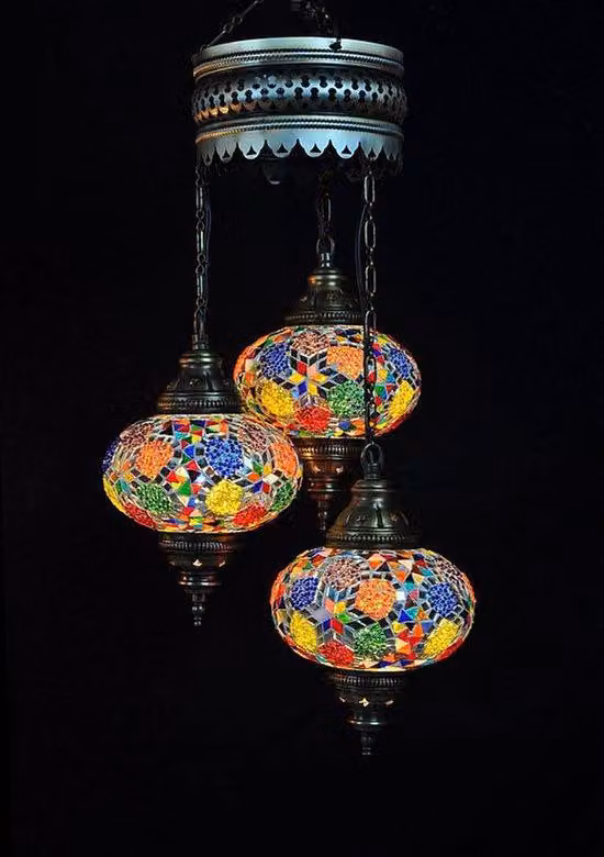 Lampada a sospensione turca - Lampada orientale - Multicolore - 3 sfere di vetro - Design a mosaico - Altezza 80 cm