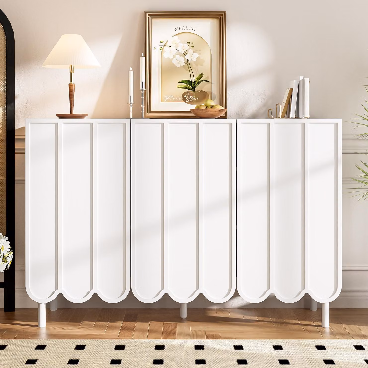 Credenza moderna Sweiko bianca con ante ondulate - 120x35x80 cm - senza maniglie, ripiani regolabili - spazio di archiviazione per soggiorno, corridoio e sala da pranzo