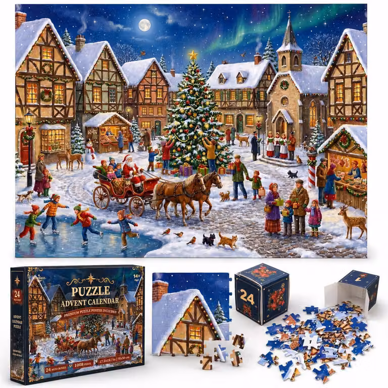 Calendario dell'Avvento a forma di puzzle, 2026. Villaggio di Natale, 1008 pezzi