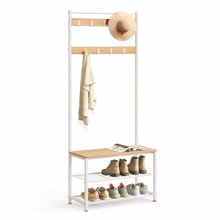 Appendiabiti con ripiano per scarpiere, mobile d'ingresso con panchina, Rovere + Crema