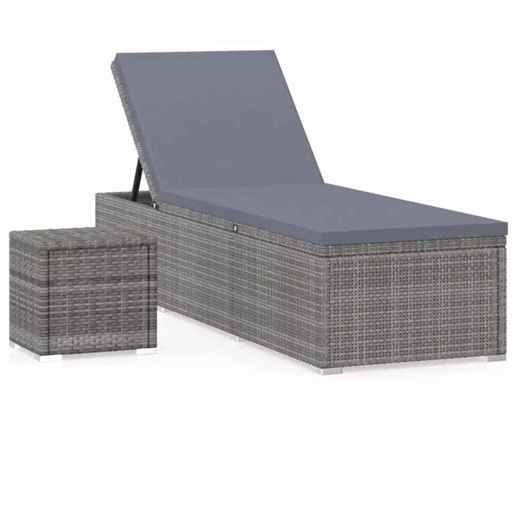 Lettino prendisole con cuscino e tavolino in polyrattan grigio vidaXL – 2