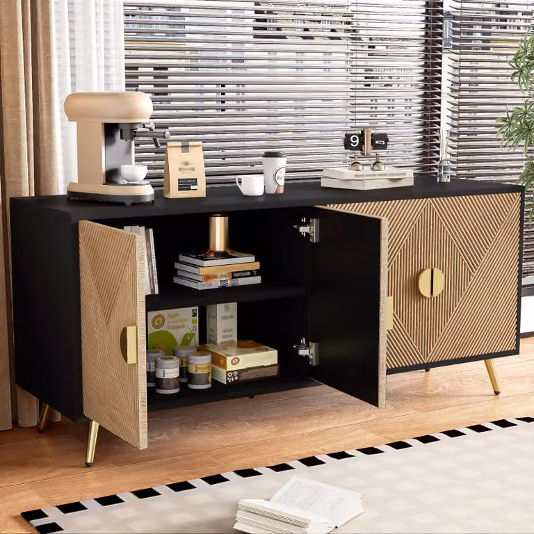 Cassettiera AIORBER, 4 ante, con ante in legno testurizzato, ampio spazio di archiviazione, maniglie dorate, credenza, per soggiorno, sala da pranzo, 160x40x75 cm, nero