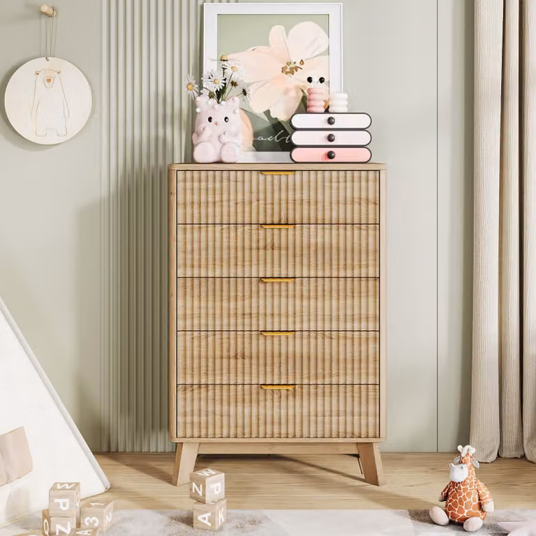 Comodà UnboxG a 5 cassetti con finitura effetto legno naturale, ampio spazio contenitivo, robusta struttura in legno massello, moderno mobile contenitore per soggiorno e camera da letto