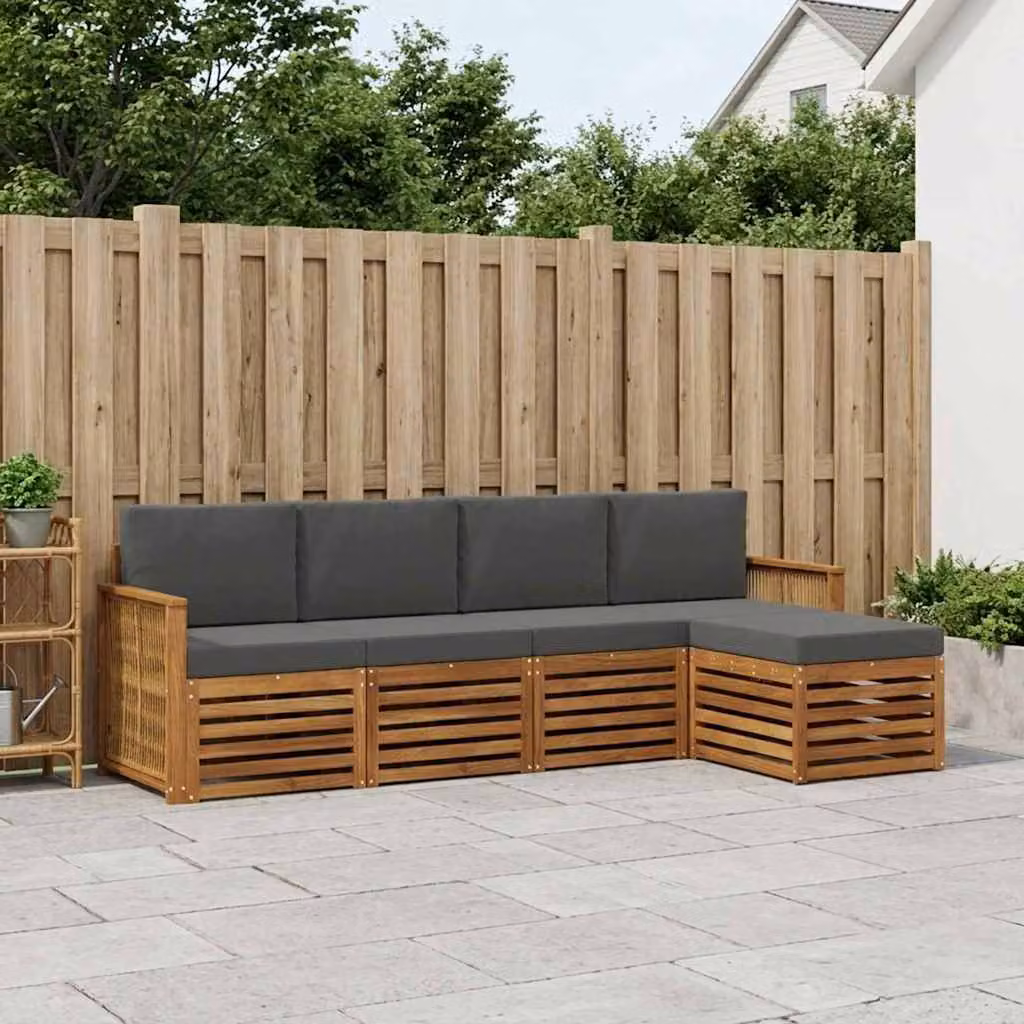 vidaXL Set di divani da esterno a L composto da 5 pezzi in legno di acacia con cuscini, colore marrone e antracite