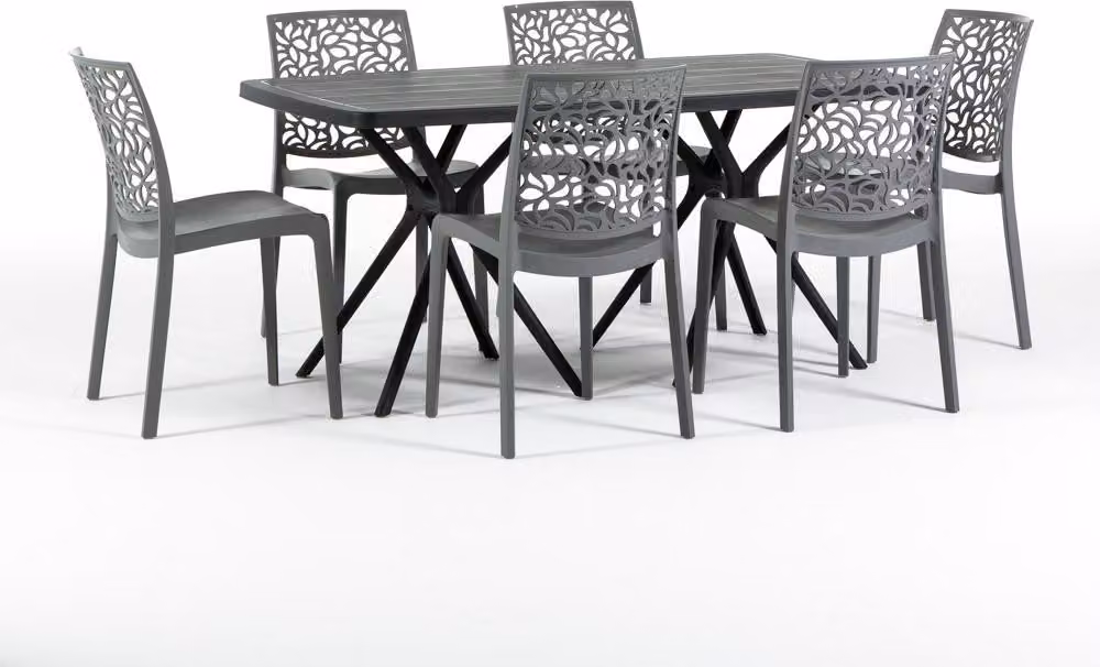 Set da pranzo per esterni con tavolo rettangolare 158x84 cm e 6 sedie impilabili in resina rinforzata con fibra di vetro - design moderno e colorato, ideale per giardino, terrazza e veranda - OLIVER+ANNA - Grigio scuro/antracite