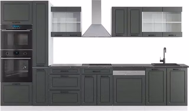 Mobile da cucina Vicco R-Line Antracite e Bianco con armadio alto e ante in vetro, L: 350 cm, H: 206,8 cm, P: 60 cm – 1