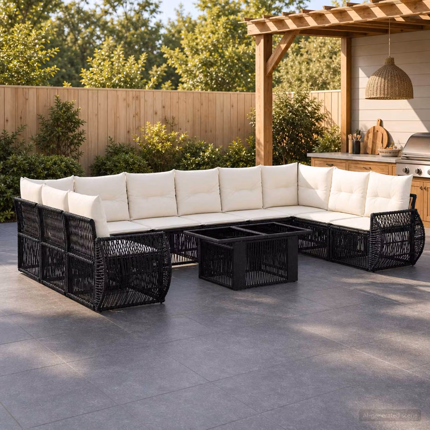 Set Divano da Giardino vidaXL in Polyrattan 11 Pezzi con Cuscini, Colore Nero e Bianco Crema, Design Moderno a Forma di U per Terrazza e Balcone