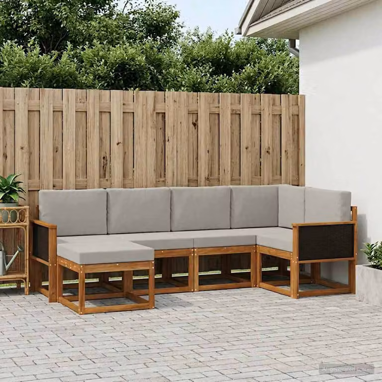 vidaXL Set di divani da esterno a L in legno di acacia con cuscini, 6 pezzi, Beige, Grigio e Marrone