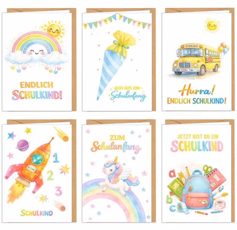 Set di 6 cartoline per l'inizio della scuola, formato A6, con buste