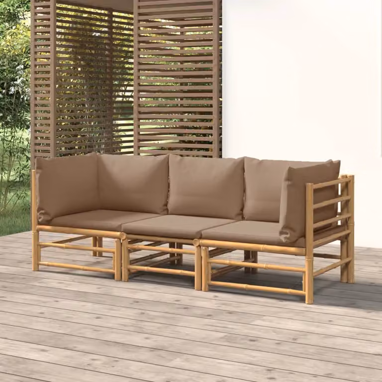Set Salotto da Giardino vidaXL in Bambù con Cuscini, Design Moderno a L, Colore Marrone e Beige