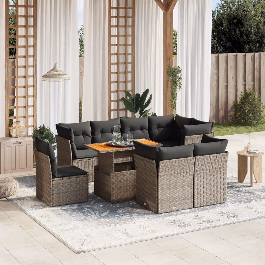 Set Divano da Giardino vidaXL 9 pz in Polyrattan Grigio con Cuscini e Tavolino – 1