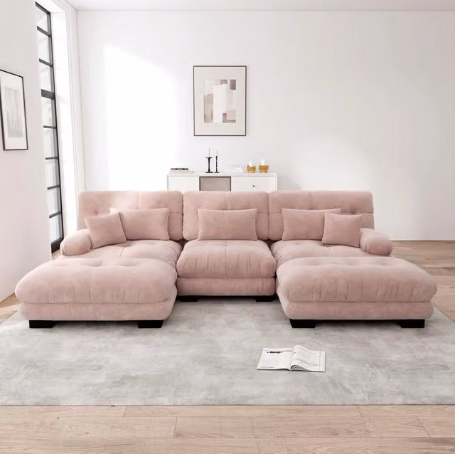 Divano modulare con ottomane mobili in cheniglia; configurabile a U; L o lineare; rosa