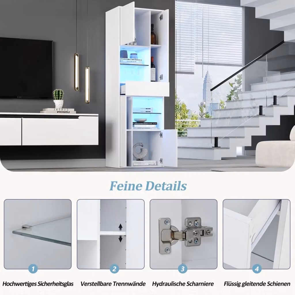 Vetrina REDOM Bianco lucido con illuminazione LED integrata e ante in vetro L/P/H: 55 x 38 x 170 cm – 2